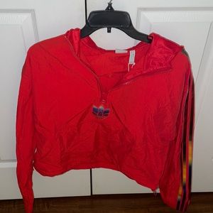 Red and rainbow design adidas cropped half zip rain jacket size:small